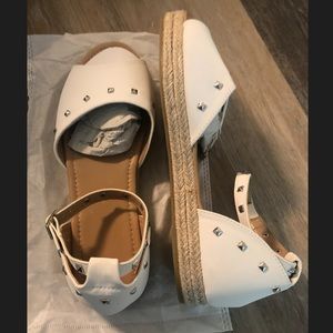 White peep toe ankle strap sandals with studs